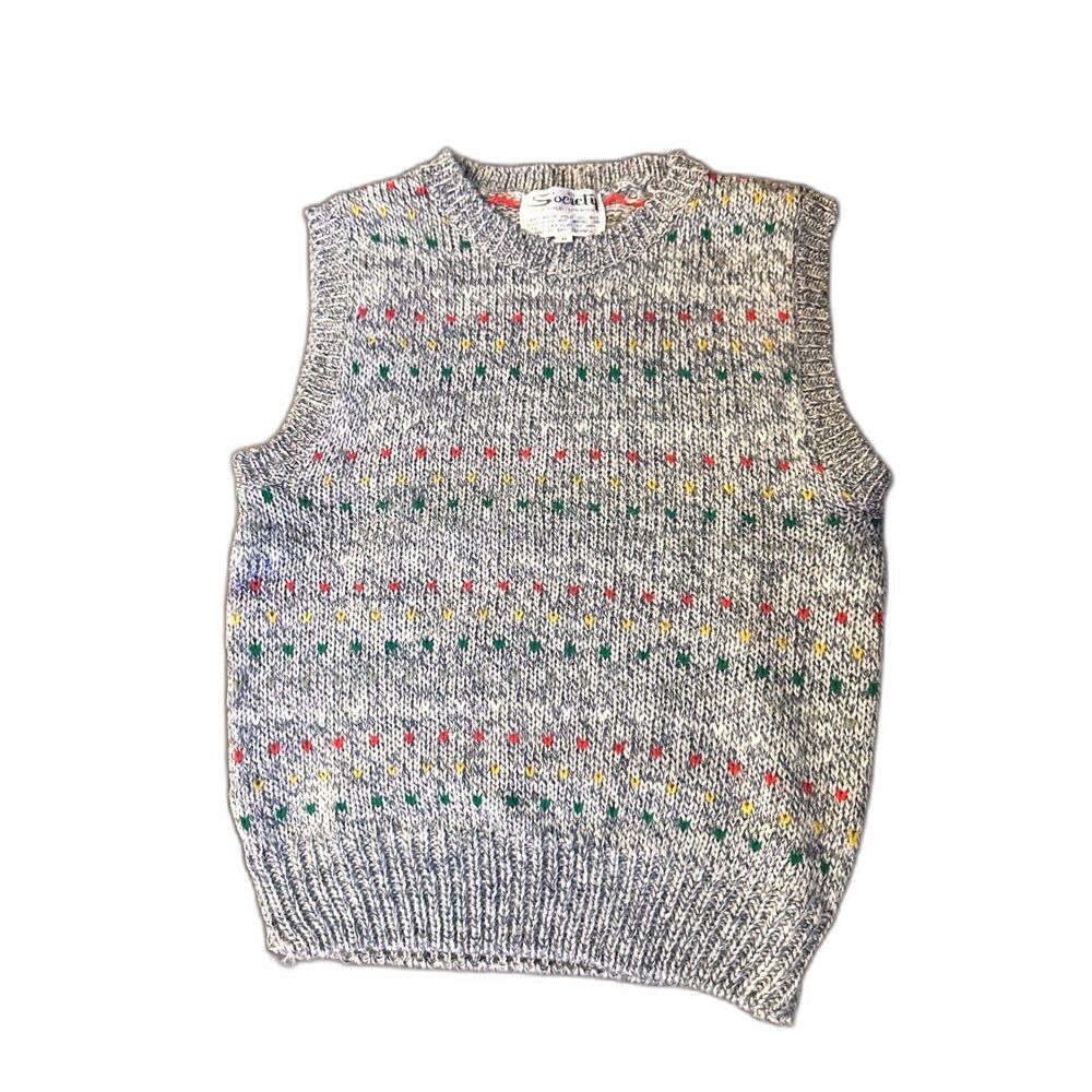 Vintage 80s Society Sweater Vest Gray Speckled Fair Isle Knit Wool Blend S